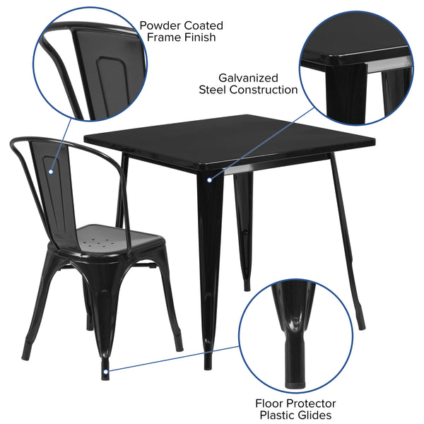 Black |#| 31.5inch Square Black Metal Indoor-Outdoor Table Set with 4 Stack Chairs