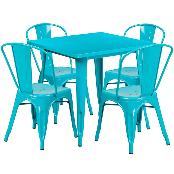 Crystal Teal-Blue |#| 31.5inch Square Crystal Teal-Blue Metal Indoor-Outdoor Table Set w/ 4 Stack Chairs