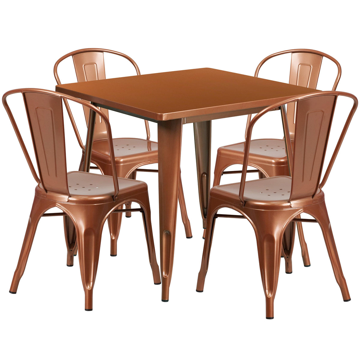 Copper |#| 31.5inch Square Copper Metal Indoor-Outdoor Table Set with 4 Stack Chairs