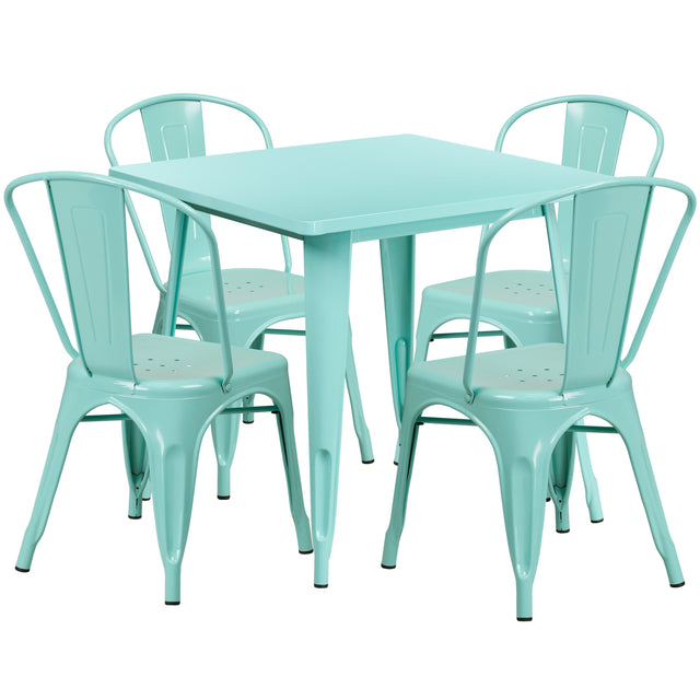 Commercial Grade 31.5" Square Metal Indoor-Outdoor Table Set with 4 Stack Chairs - View 1