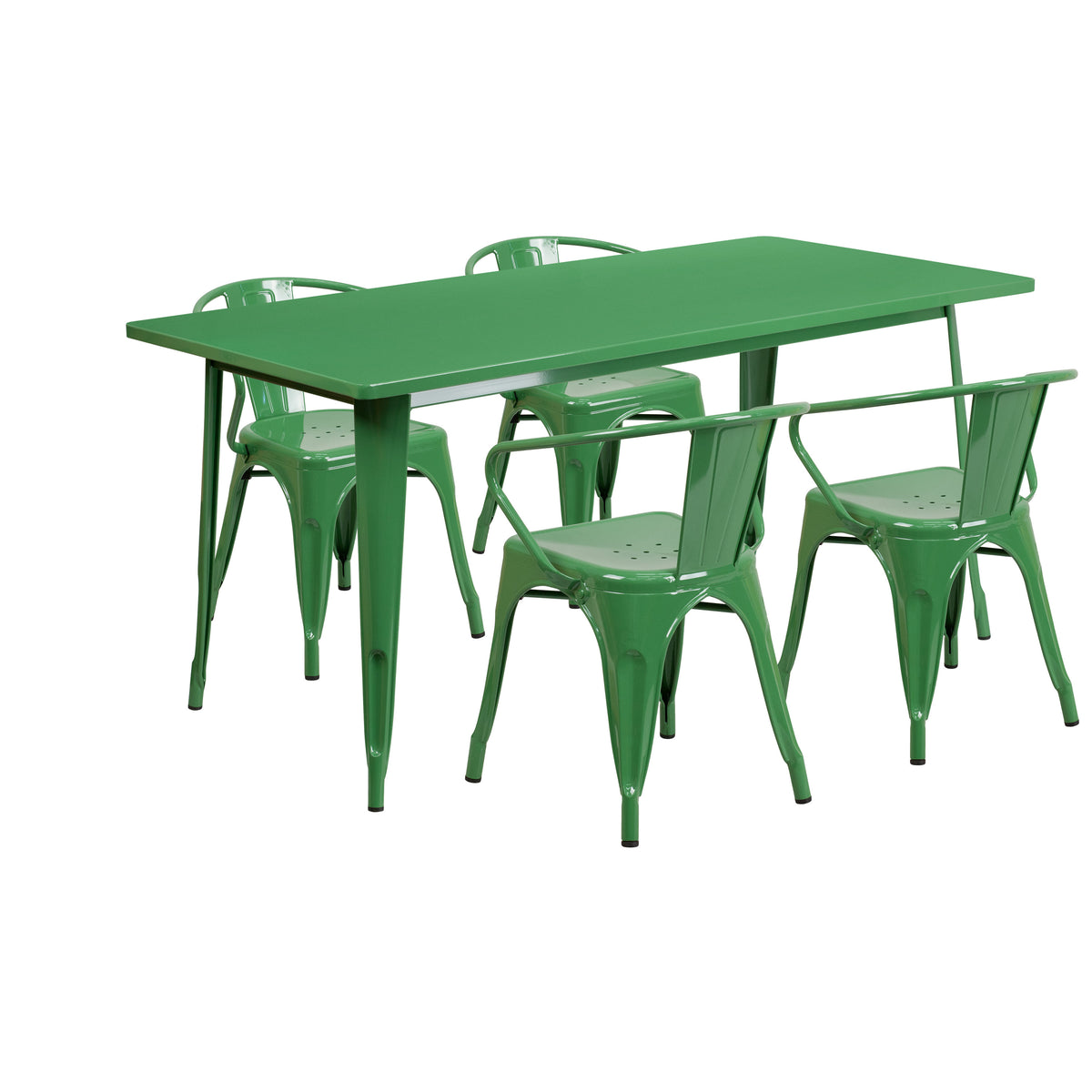 Green |#| 31.5inch x 63inch Rectangular Green Metal Indoor-Outdoor Table Set with 4 Arm Chairs