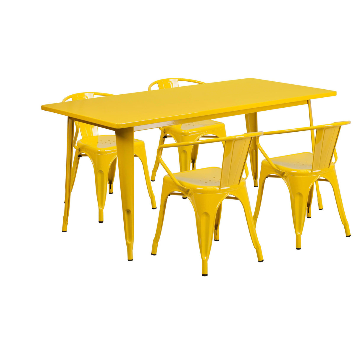 Yellow |#| 31.5inch x 63inch Rectangular Yellow Metal Indoor-Outdoor Table Set with 4 Arm Chairs