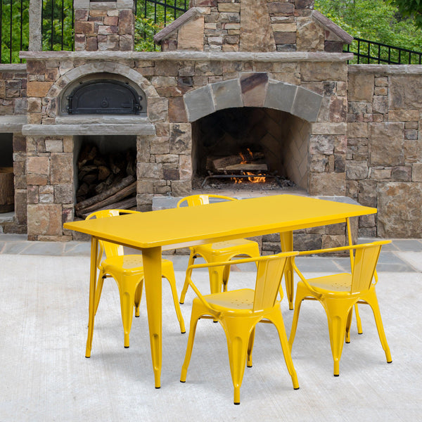 Yellow |#| 31.5inch x 63inch Rectangular Yellow Metal Indoor-Outdoor Table Set with 4 Arm Chairs