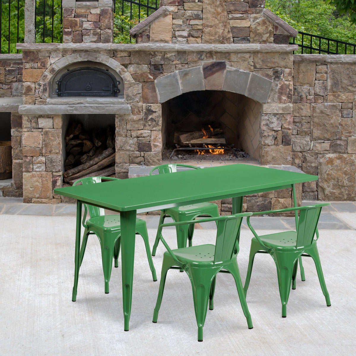 Green |#| 31.5inch x 63inch Rectangular Green Metal Indoor-Outdoor Table Set with 4 Arm Chairs