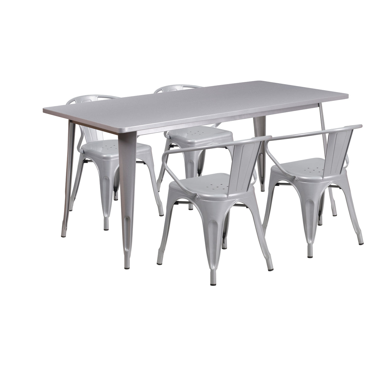 Silver |#| 31.5inch x 63inch Rectangular Silver Metal Indoor-Outdoor Table Set with 4 Arm Chairs