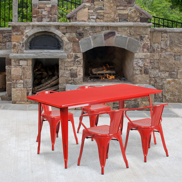 Red |#| 31.5inch x 63inch Rectangular Red Metal Indoor-Outdoor Table Set with 4 Arm Chairs
