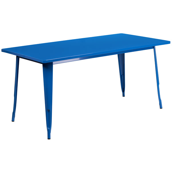 Blue |#| 31.5inch x 63inch Rectangular Blue Metal Indoor-Outdoor Table Set w/ 4 Stack Chairs