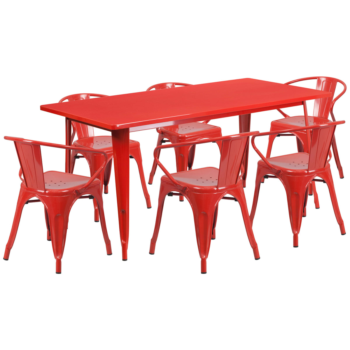 Red |#| 31.5inch x 63inch Rectangular Red Metal Indoor-Outdoor Table Set with 6 Arm Chairs