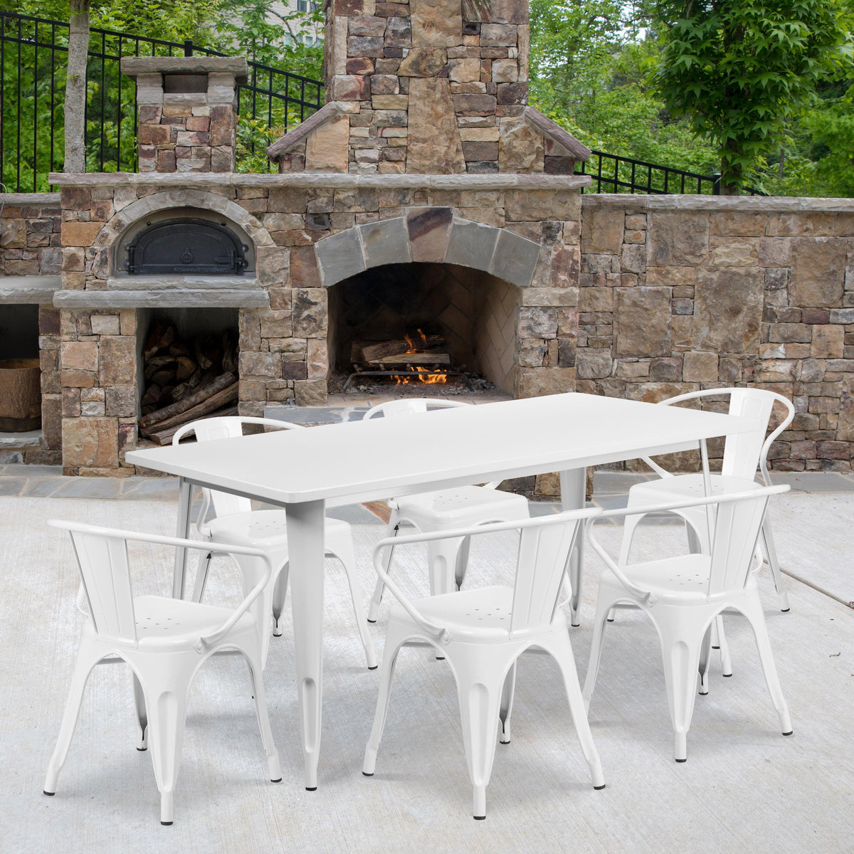 White |#| 31.5inch x 63inch Rectangular White Metal Indoor-Outdoor Table Set with 6 Arm Chairs