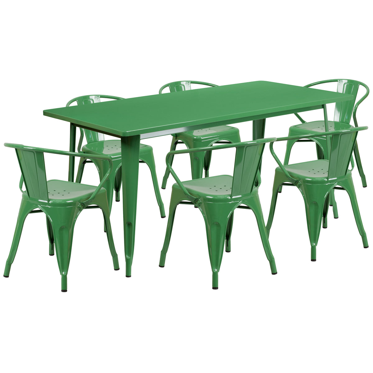 Green |#| 31.5inch x 63inch Rectangular Green Metal Indoor-Outdoor Table Set with 6 Arm Chairs