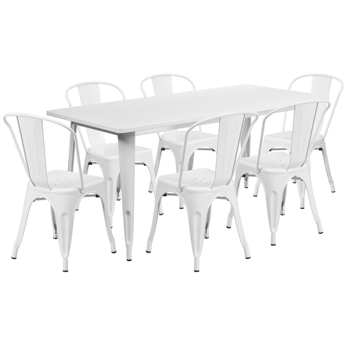 White |#| 31.5inch x 63inch Rectangular White Metal Indoor-Outdoor Table Set with 6 Stack Chairs