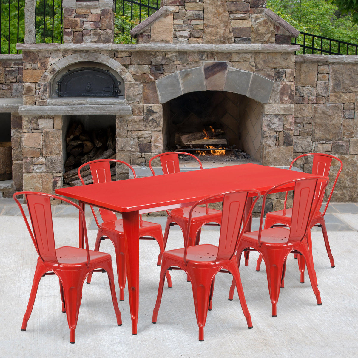 Red |#| 31.5inch x 63inch Rectangular Red Metal Indoor-Outdoor Table Set with 6 Stack Chairs