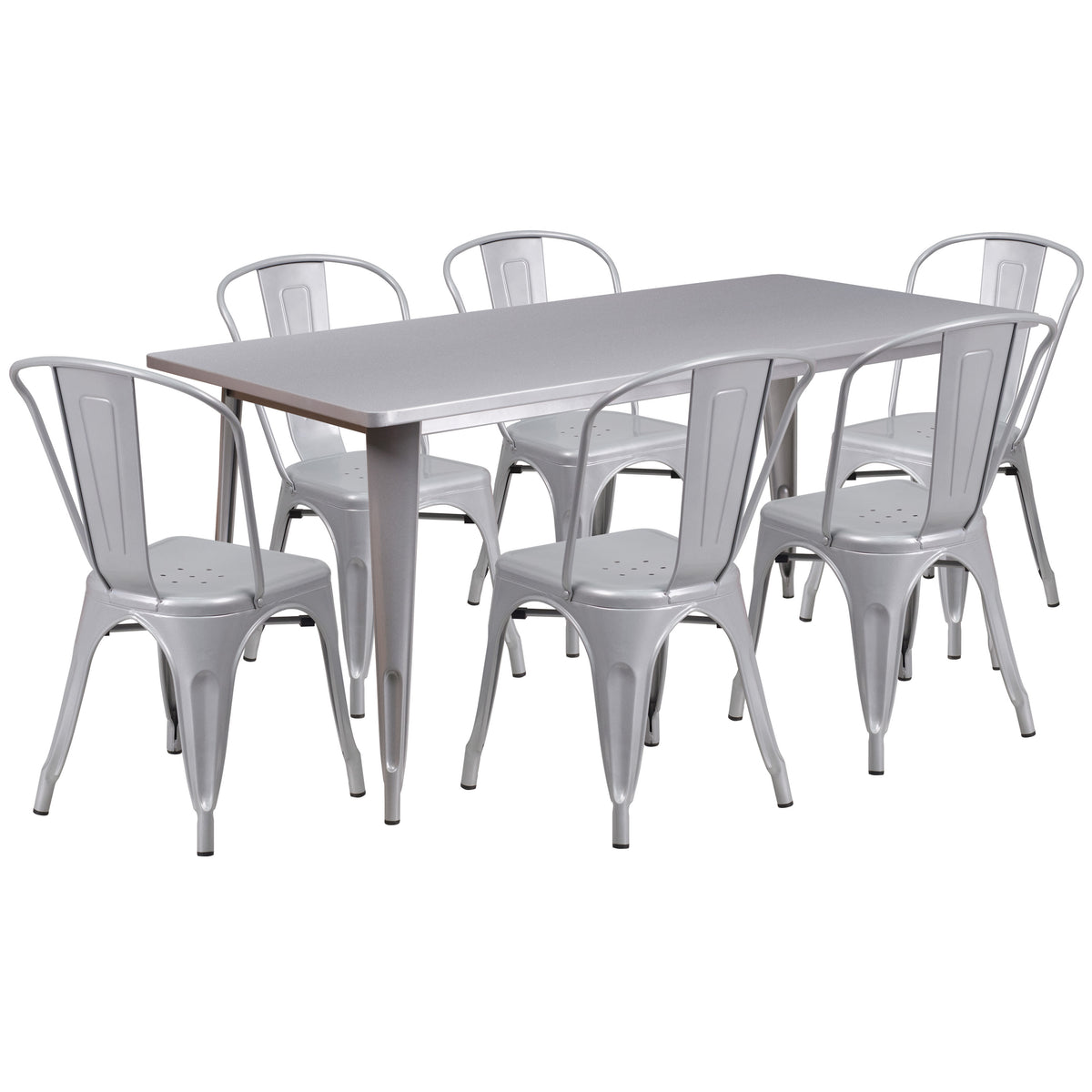 Silver |#| 31.5inch x 63inch Rectangular Silver Metal Indoor-Outdoor Table Set w/ 6 Stack Chairs