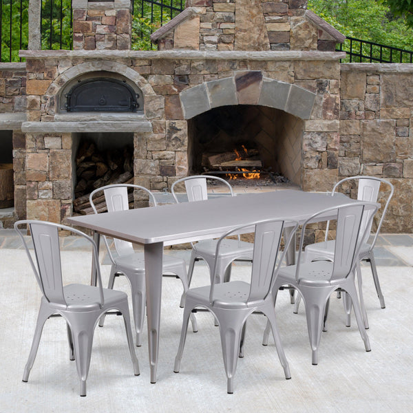 Silver |#| 31.5inch x 63inch Rectangular Silver Metal Indoor-Outdoor Table Set w/ 6 Stack Chairs