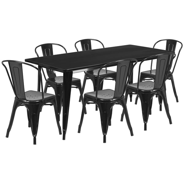 Black |#| 31.5inch x 63inch Rectangular Black Metal Indoor-Outdoor Table Set with 6 Stack Chairs