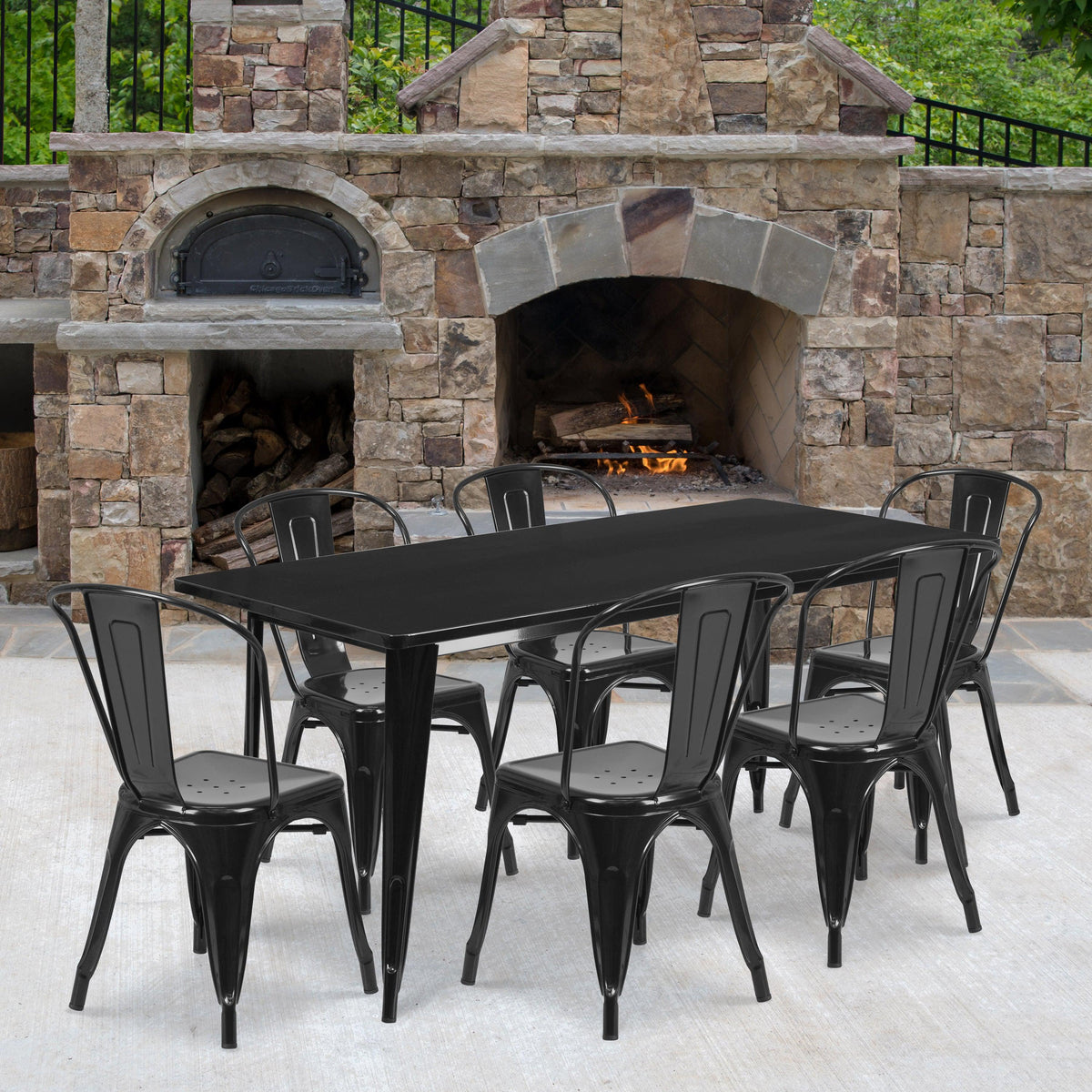 Black |#| 31.5inch x 63inch Rectangular Black Metal Indoor-Outdoor Table Set with 6 Stack Chairs