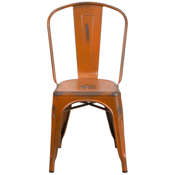 Orange |#| Distressed Orange Metal Indoor-Outdoor Stackable Chair - Kitchen Furniture