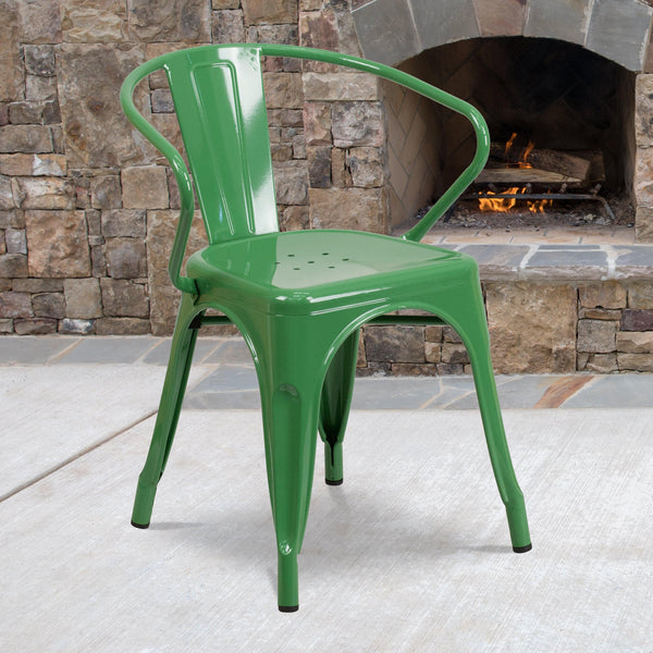 Green |#| Green Metal Indoor-Outdoor Chair with Arms - Restaurant Furniture