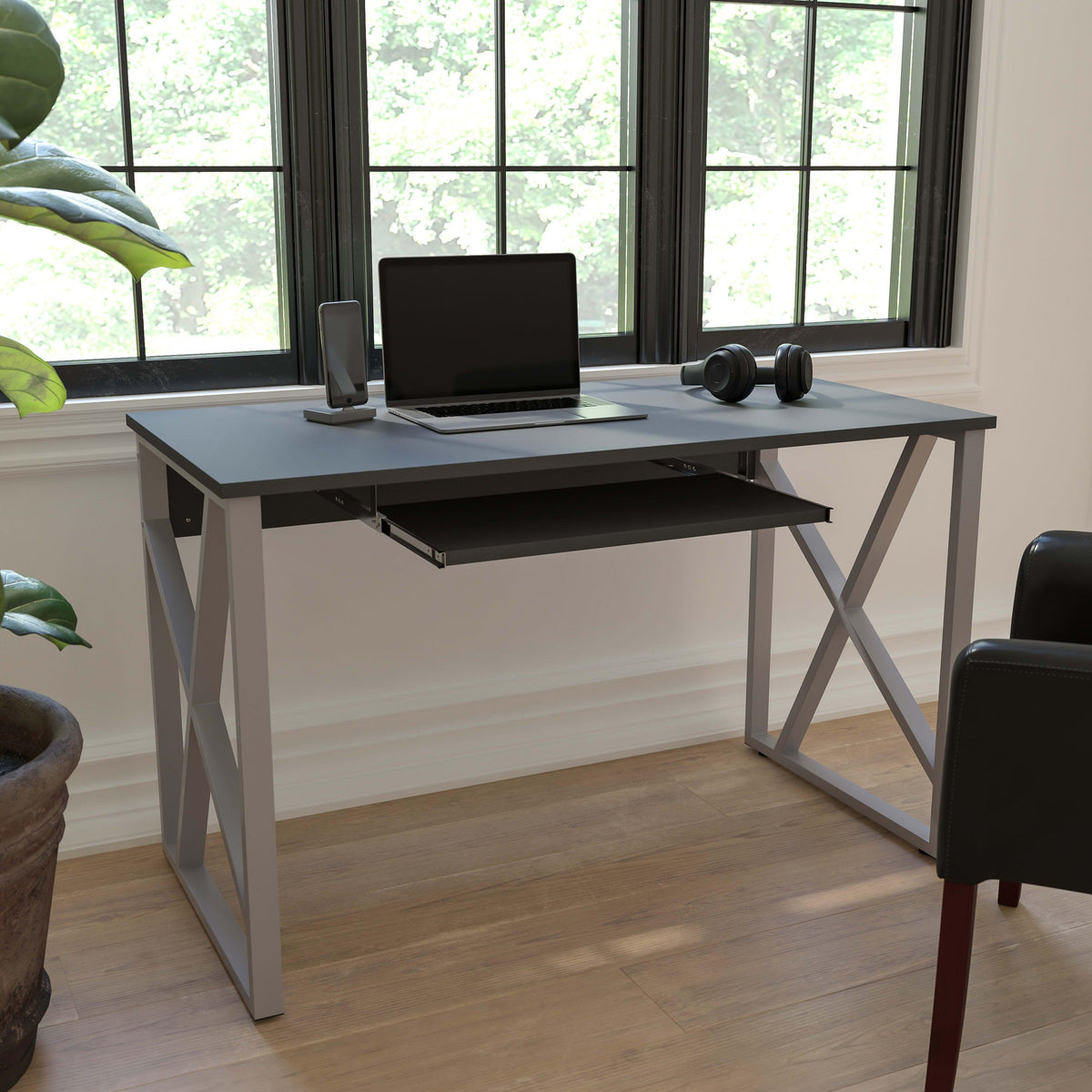 Black Computer Desk with Pull-Out Keyboard Tray and Cross-Brace Frame