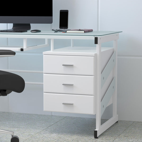 White Computer Desk with Frosted Glass Top and Three Drawer Pedestal