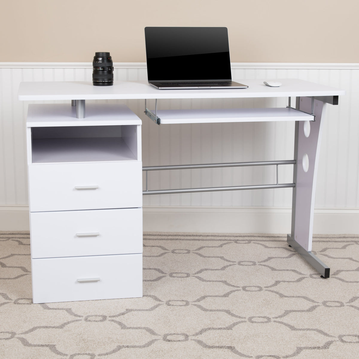 White |#| White Desk with Three Drawer Single Pedestal and Pull-Out Keyboard Tray