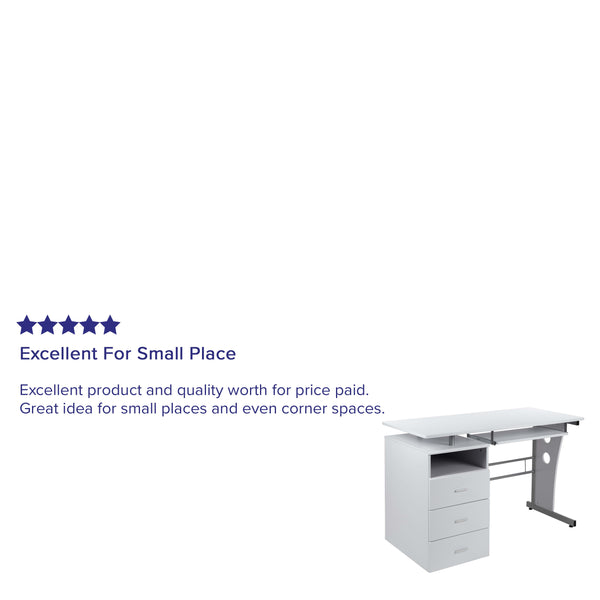 White |#| White Desk with Three Drawer Single Pedestal and Pull-Out Keyboard Tray