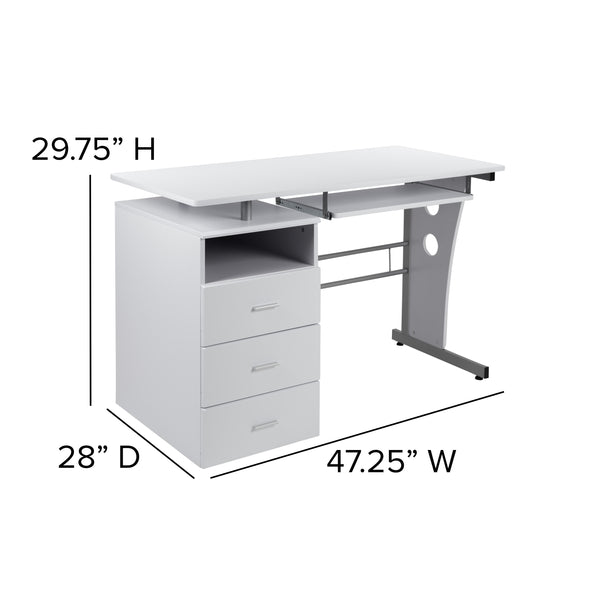 White |#| White Desk with Three Drawer Single Pedestal and Pull-Out Keyboard Tray
