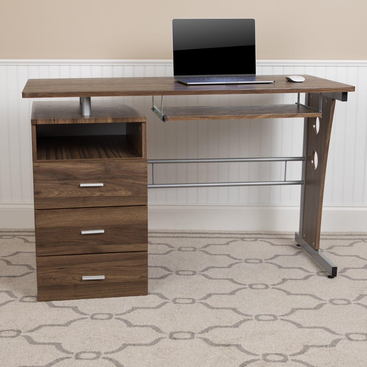 Rustic Walnut |#| Rustic Walnut Desk with Three Drawer Single Pedestal and Pull-Out Keyboard Tray