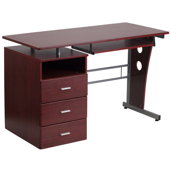 Mahogany |#| Mahogany Desk with Three Drawer Pedestal and Pull-Out Keyboard Tray