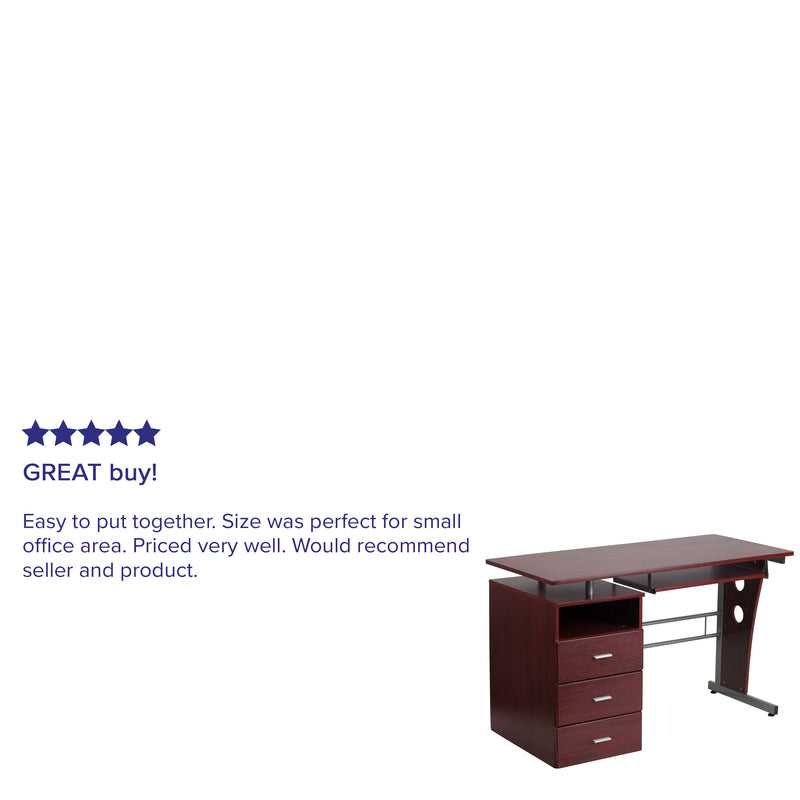 Mahogany |#| Mahogany Desk with Three Drawer Pedestal and Pull-Out Keyboard Tray