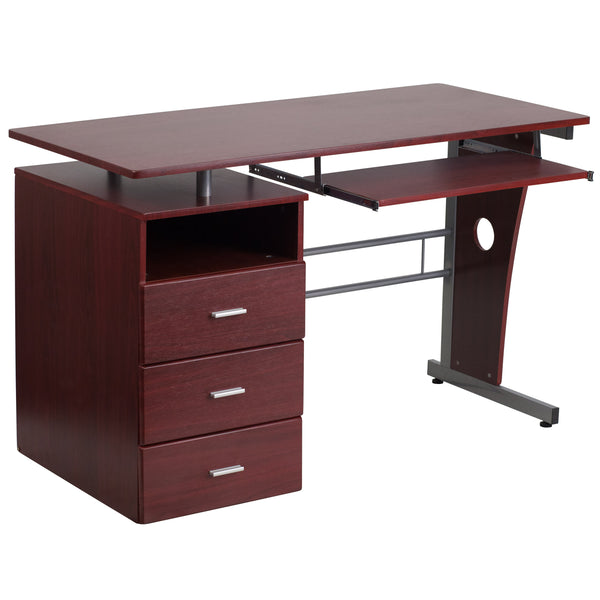 Mahogany |#| Mahogany Desk with Three Drawer Pedestal and Pull-Out Keyboard Tray