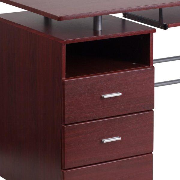 Mahogany |#| Mahogany Desk with Three Drawer Pedestal and Pull-Out Keyboard Tray