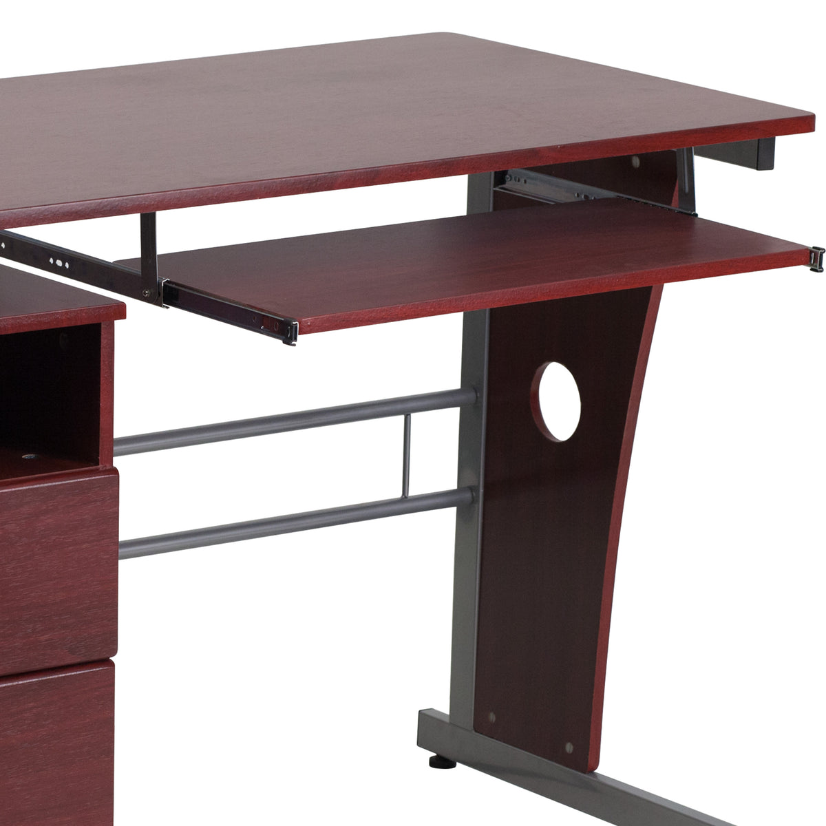 Mahogany |#| Mahogany Desk with Three Drawer Pedestal and Pull-Out Keyboard Tray