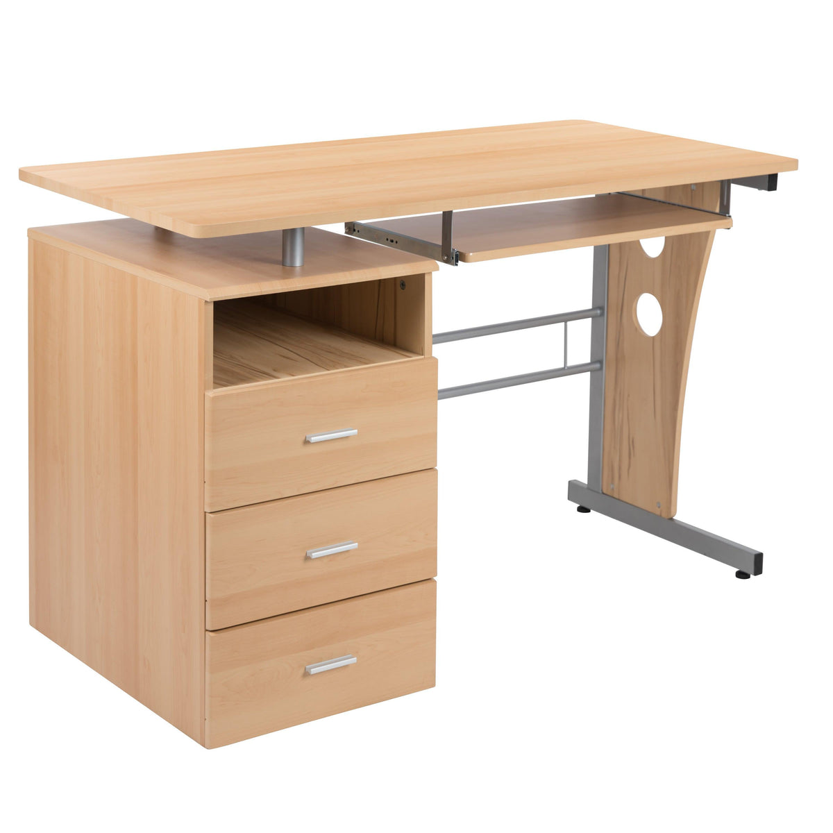 Maple |#| Maple Desk with Three Drawer Single Pedestal and Pull-Out Keyboard Tray