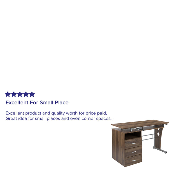 Rustic Walnut |#| Rustic Walnut Desk with Three Drawer Single Pedestal and Pull-Out Keyboard Tray