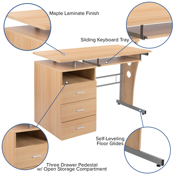 Maple |#| Maple Desk with Three Drawer Single Pedestal and Pull-Out Keyboard Tray