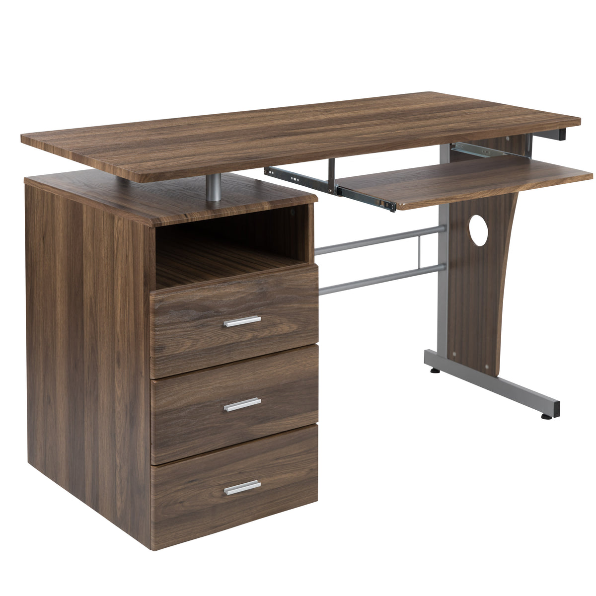 Rustic Walnut |#| Rustic Walnut Desk with Three Drawer Single Pedestal and Pull-Out Keyboard Tray