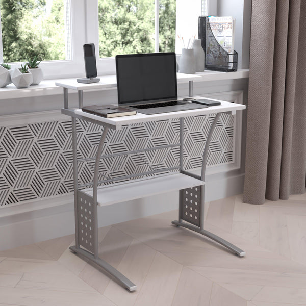 White |#| White Computer Desk with Perforated Side Paneling and Raised Monitor Shelf