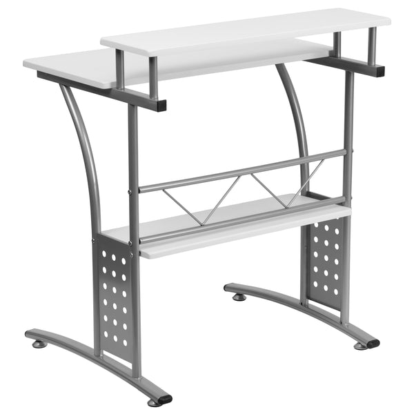 White |#| White Computer Desk with Perforated Side Paneling and Raised Monitor Shelf