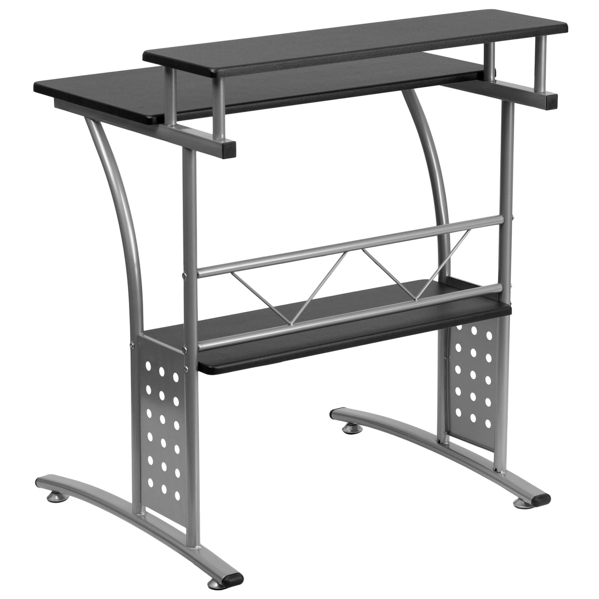 Black |#| Black Computer Desk with Perforated Side Paneling and Raised Monitor Shelf