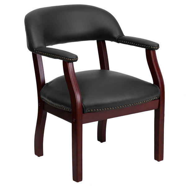 Black Vinyl |#| Black Vinyl Luxurious Conference Chair with Accent Nail Trim - Library Chair