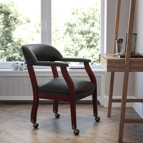 Black LeatherSoft |#| Black LeatherSoft Conference Chair w/Accent Nail Trim &Casters - Side Chair