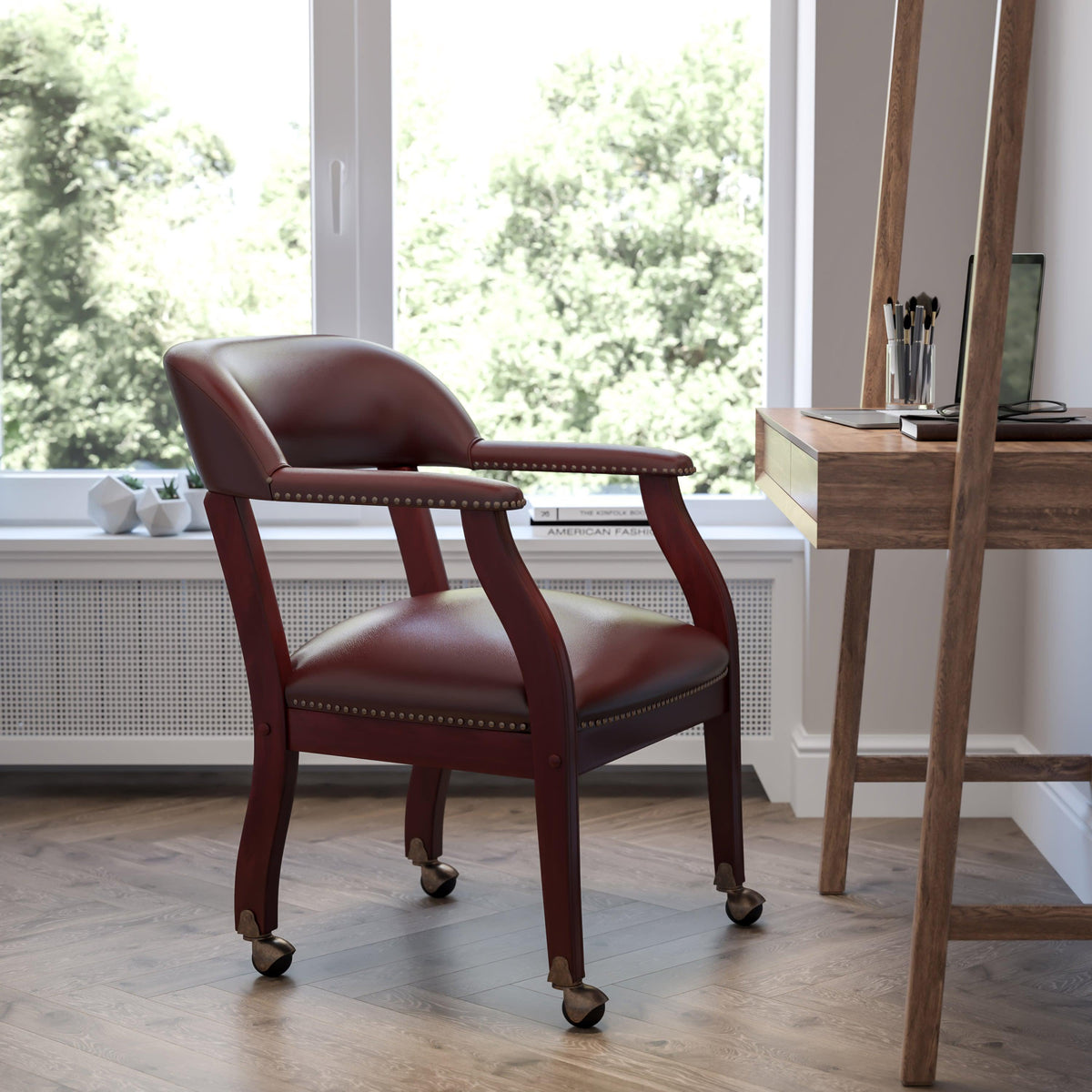 Oxblood Vinyl |#| Oxblood Vinyl Luxurious Conference Chair with Accent Nail Trim and Casters