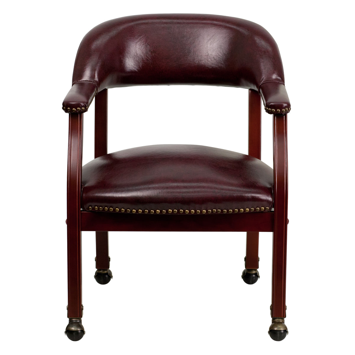 Oxblood Vinyl |#| Oxblood Vinyl Luxurious Conference Chair with Accent Nail Trim and Casters