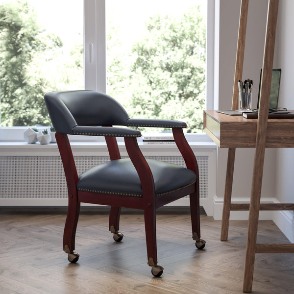 Navy Vinyl |#| Navy Vinyl Luxurious Conference Chair with Accent Nail Trim and Casters