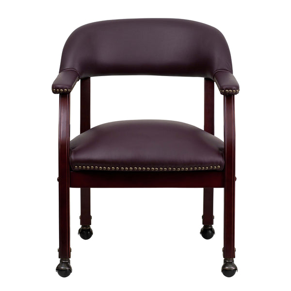 Burgundy LeatherSoft |#| Burgundy LeatherSoft Conference Chair w/Accent Nail Trim &Casters - Side Chair