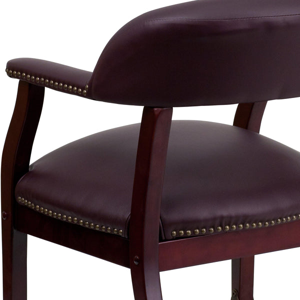 Burgundy LeatherSoft |#| Burgundy LeatherSoft Conference Chair w/Accent Nail Trim &Casters - Side Chair