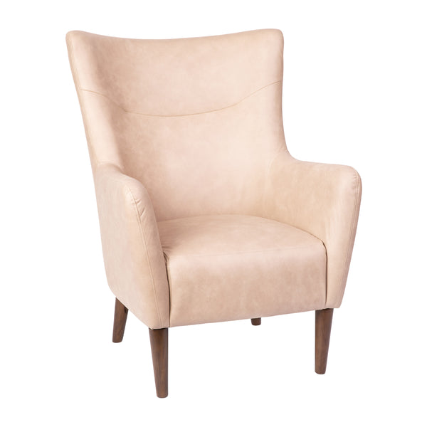 Light Brown |#| Commercial Wingback Accent Chair with Wooden Legs in Light Brown Faux Leather