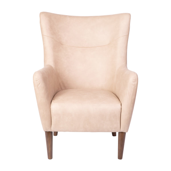 Light Brown |#| Commercial Wingback Accent Chair with Wooden Legs in Light Brown Faux Leather