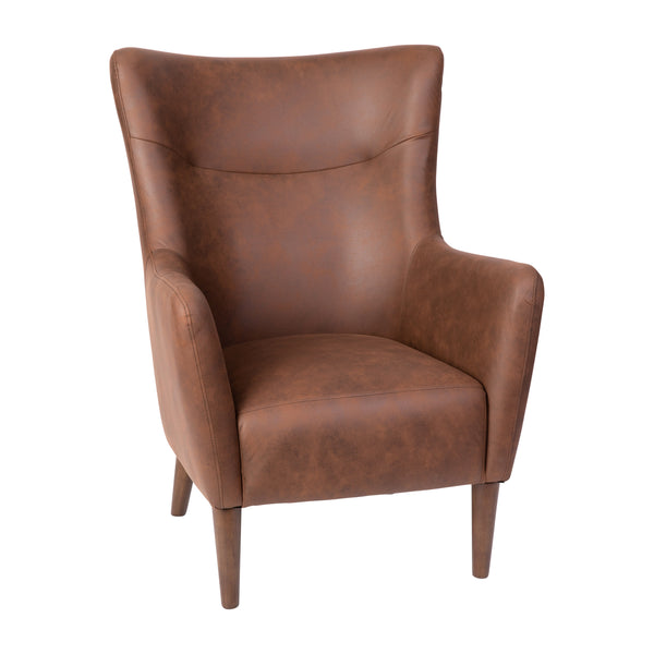 Dark Brown |#| Commercial Wingback Accent Chair with Wooden Legs in Dark Brown Faux Leather